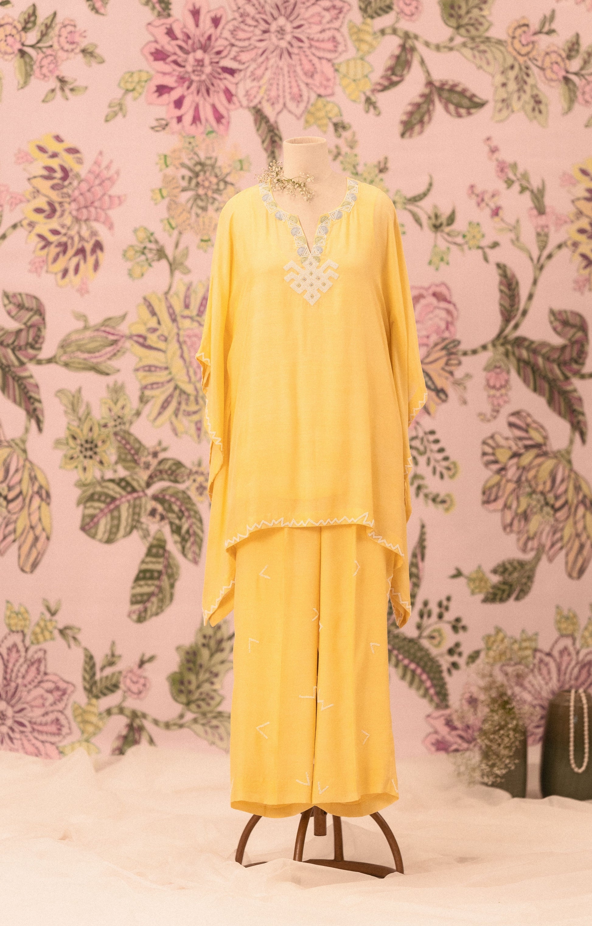 Yellow Mul Silk Pearl Embellished Co-Ord Set