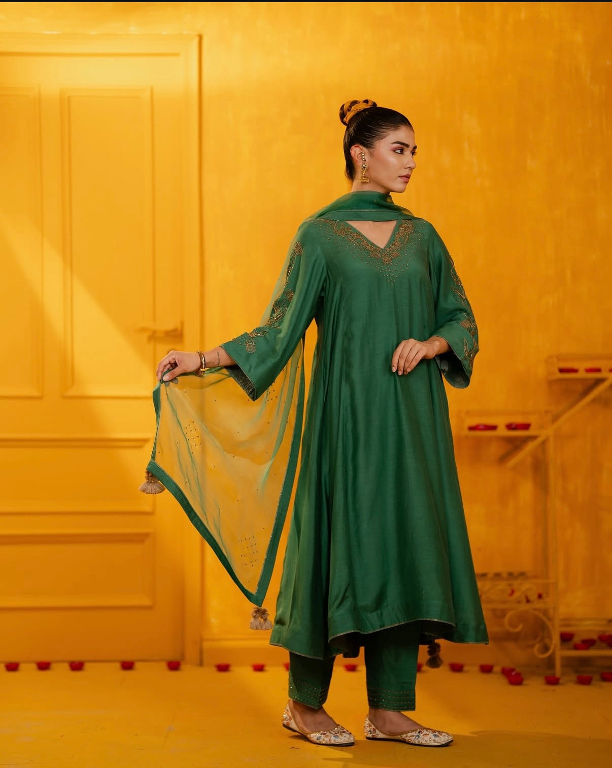 Emerald Green Mul Silk Hand Embroidered Anarkali Suit Set