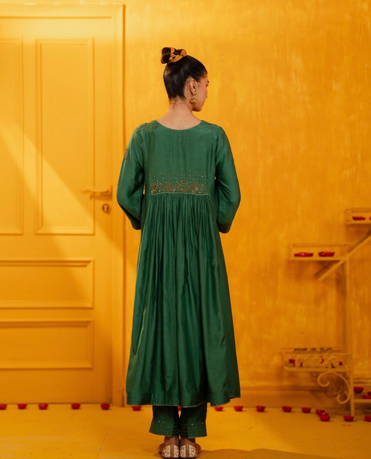 Emerald Green Mul Silk Hand Embroidered Anarkali Suit Set
