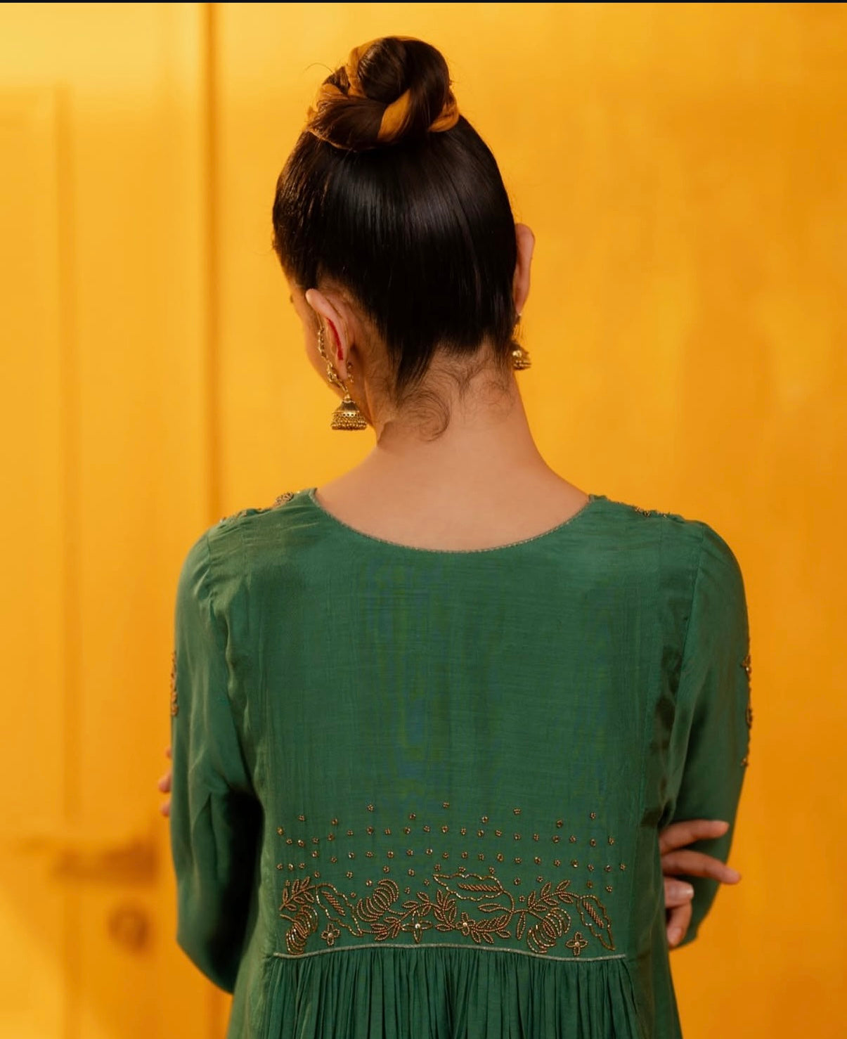 Emerald Green Mul Silk Hand Embroidered Anarkali Suit Set