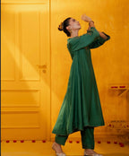 Emerald Green Mul Silk Hand Embroidered Anarkali Suit Set