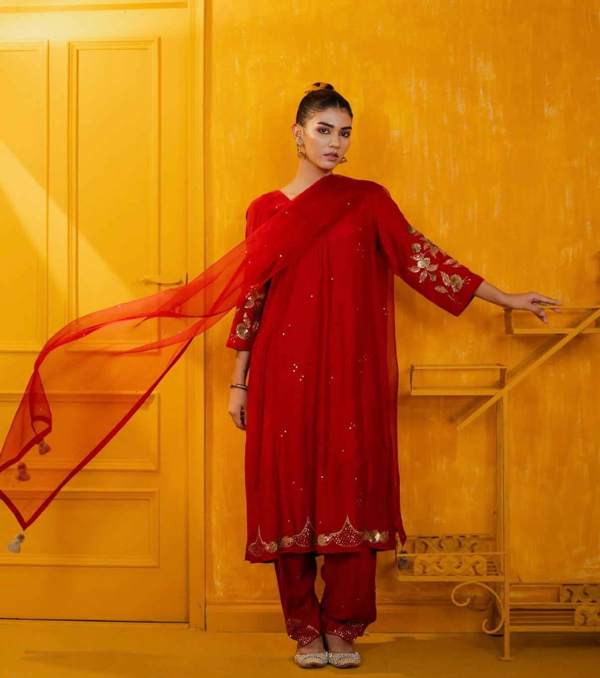 Red Mul Silk Hand Embroidered Straight Suit Set