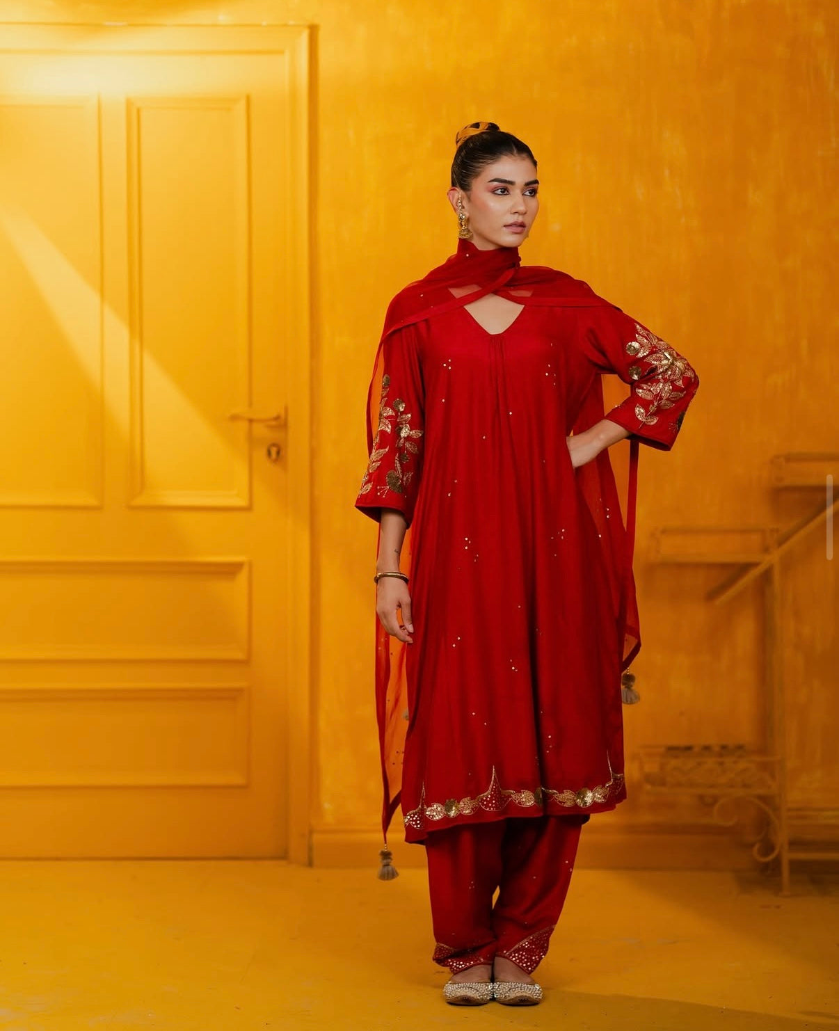 Red Mul Silk Hand Embroidered Straight Suit Set