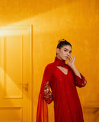 Red Mul Silk Hand Embroidered Straight Suit Set