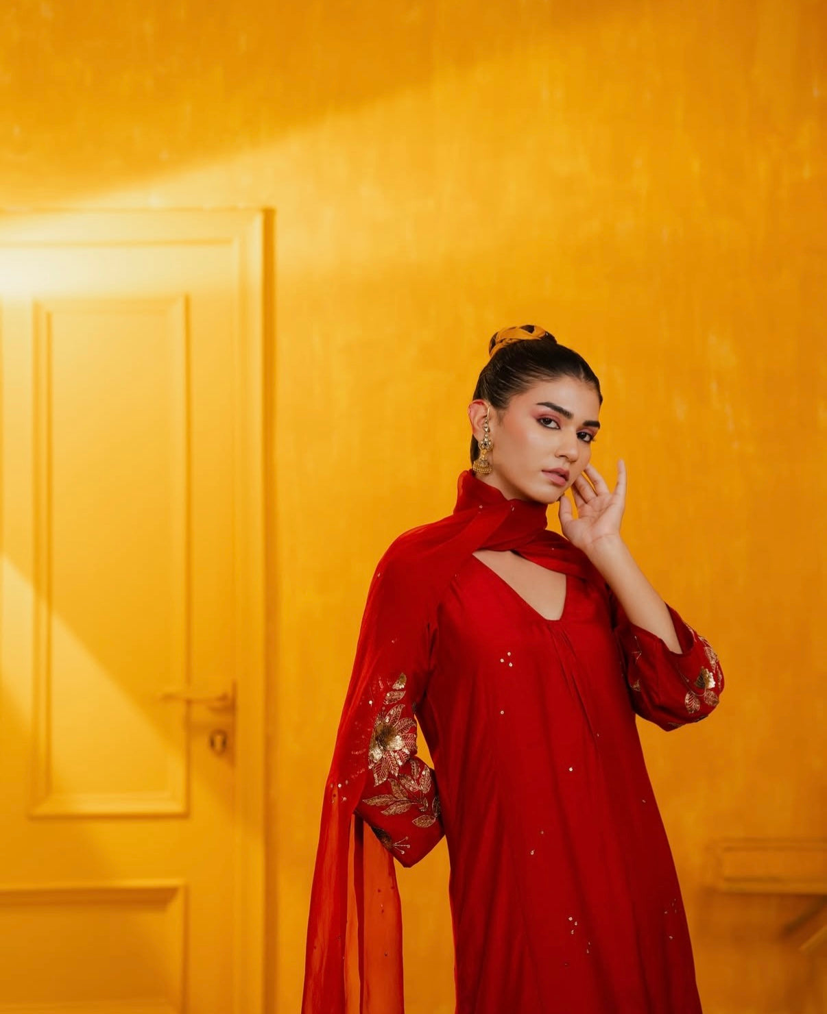 Red Mul Silk Hand Embroidered Straight Suit Set