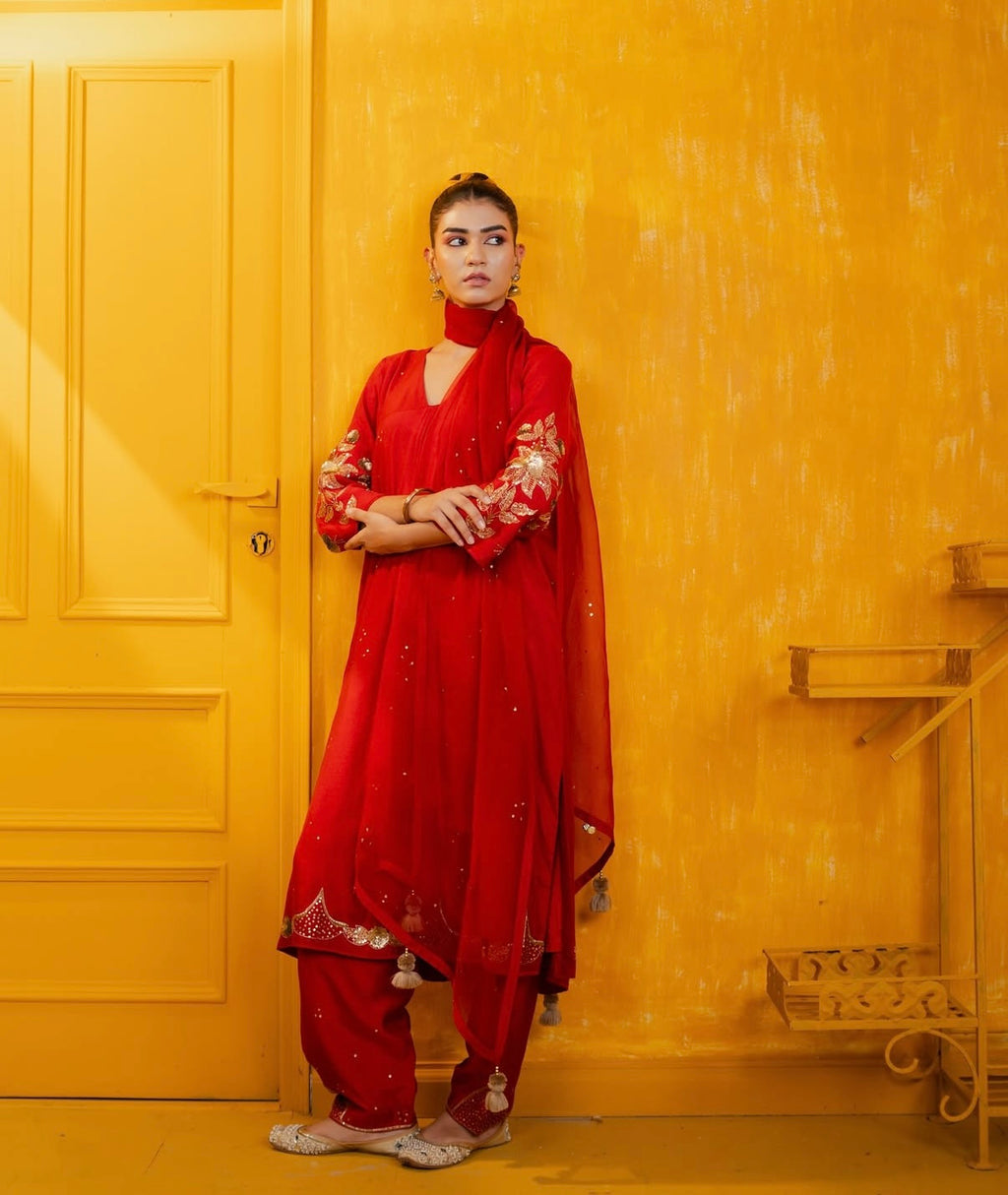 Red Mul Silk Hand Embroidered Straight Suit Set