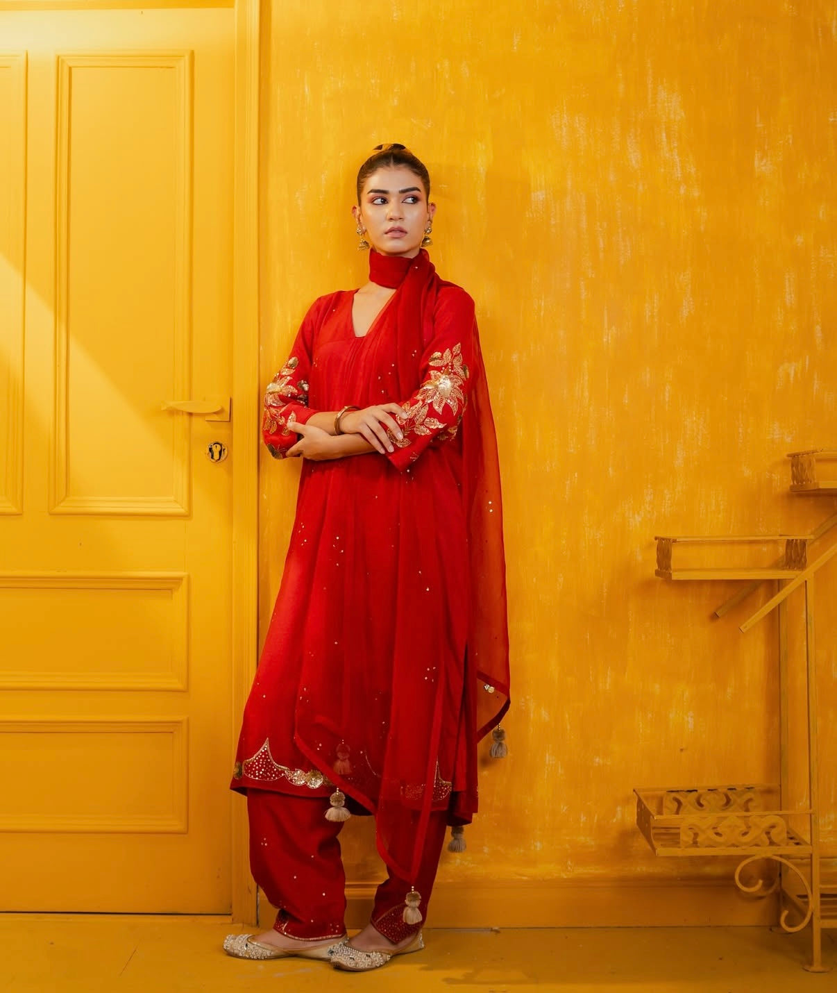 Red Mul Silk Hand Embroidered Straight Suit Set
