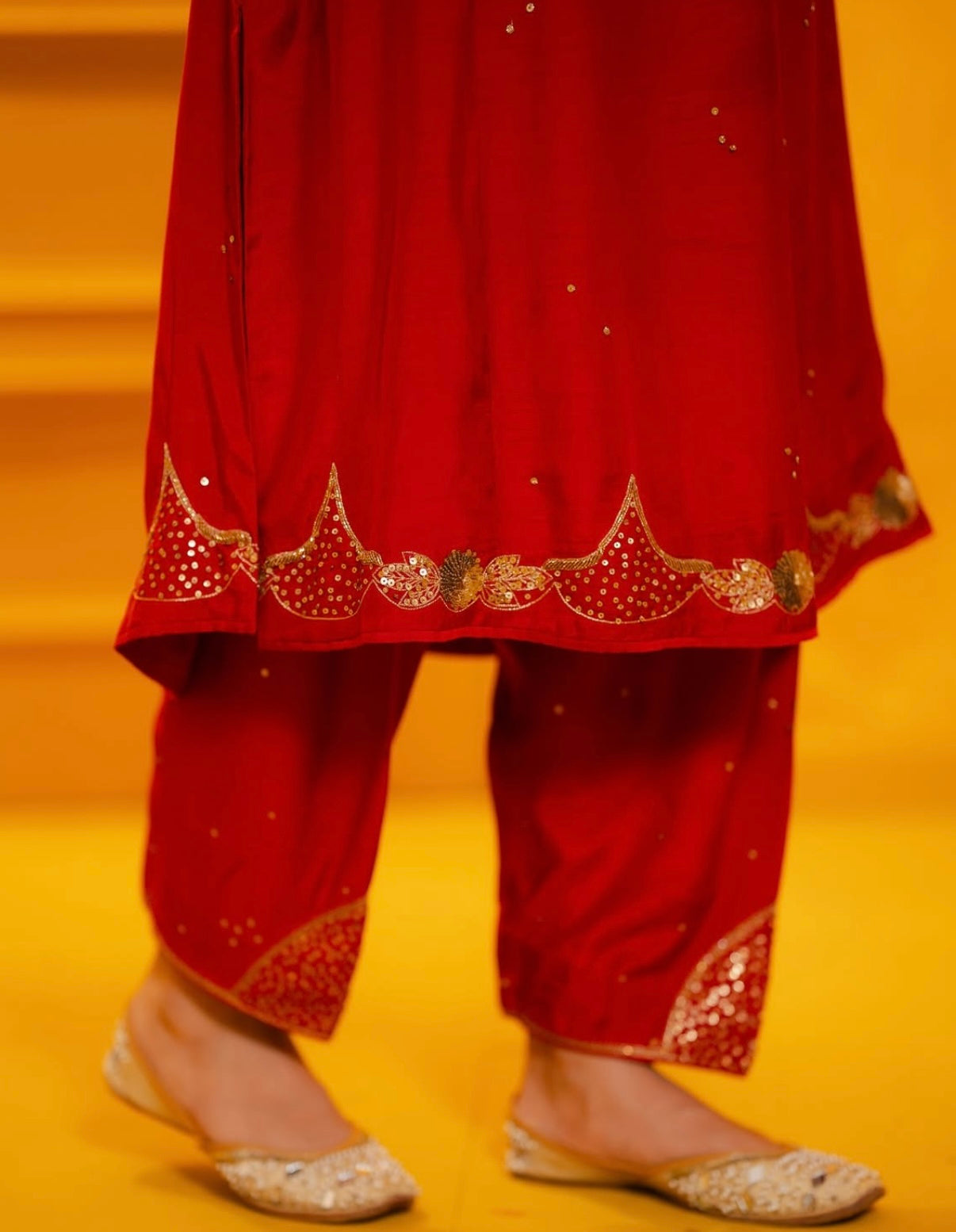 Red Mul Silk Hand Embroidered Straight Suit Set