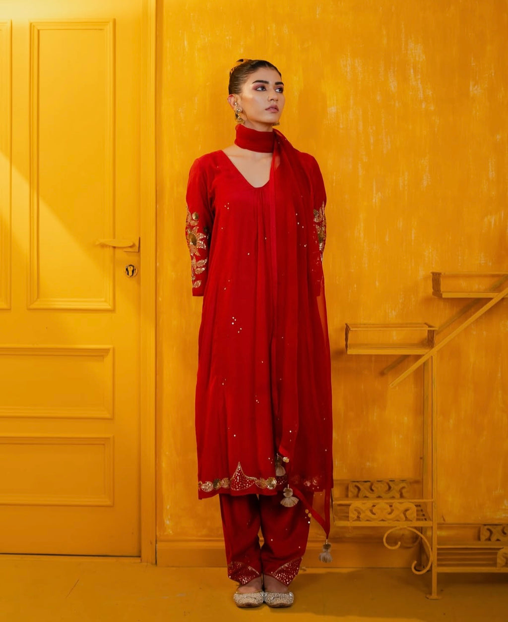 Red Mul Silk Hand Embroidered Straight Suit Set