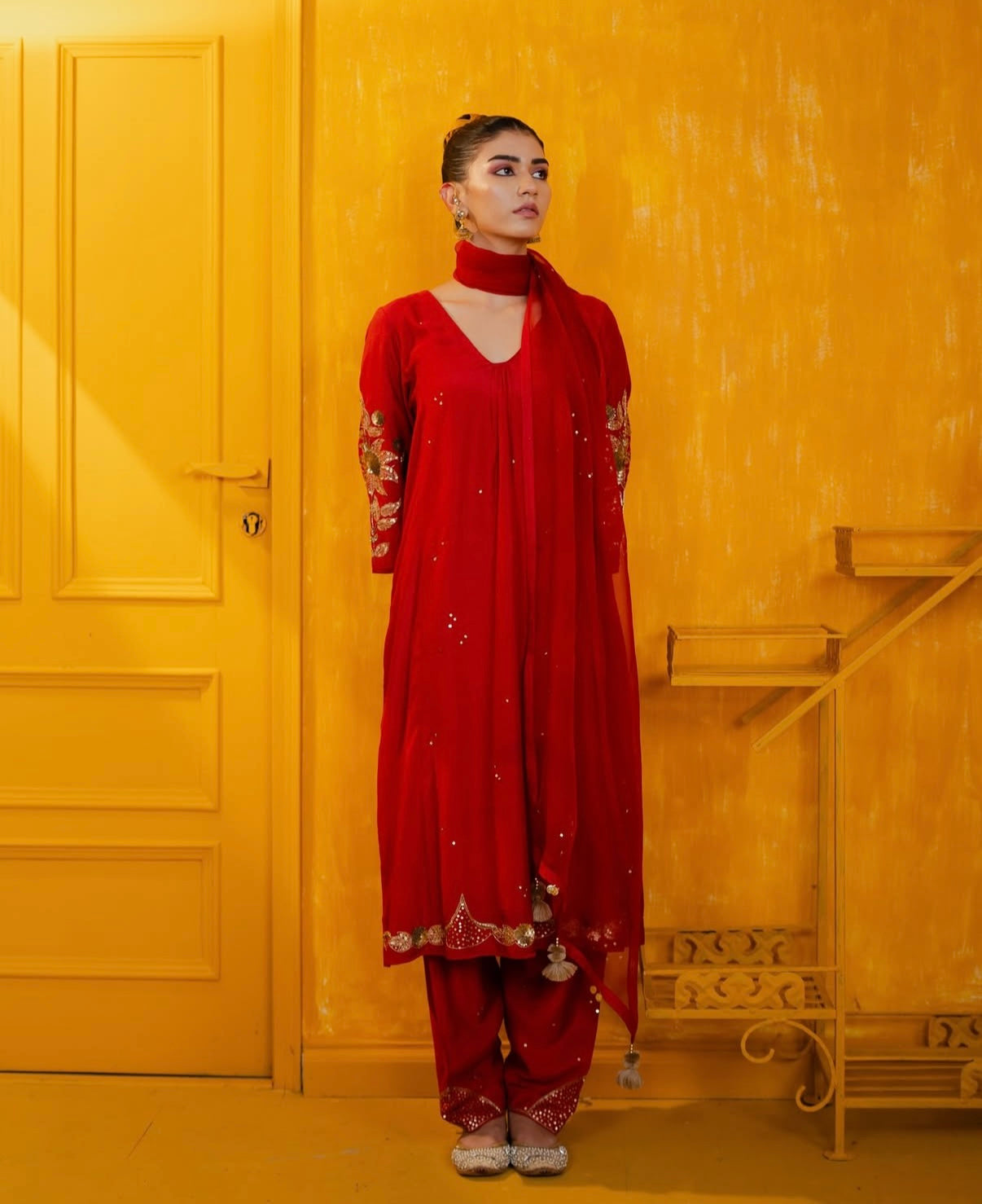 Red Mul Silk Hand Embroidered Straight Suit Set