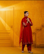 Red Mul Silk Hand Embroidered Straight Suit Set