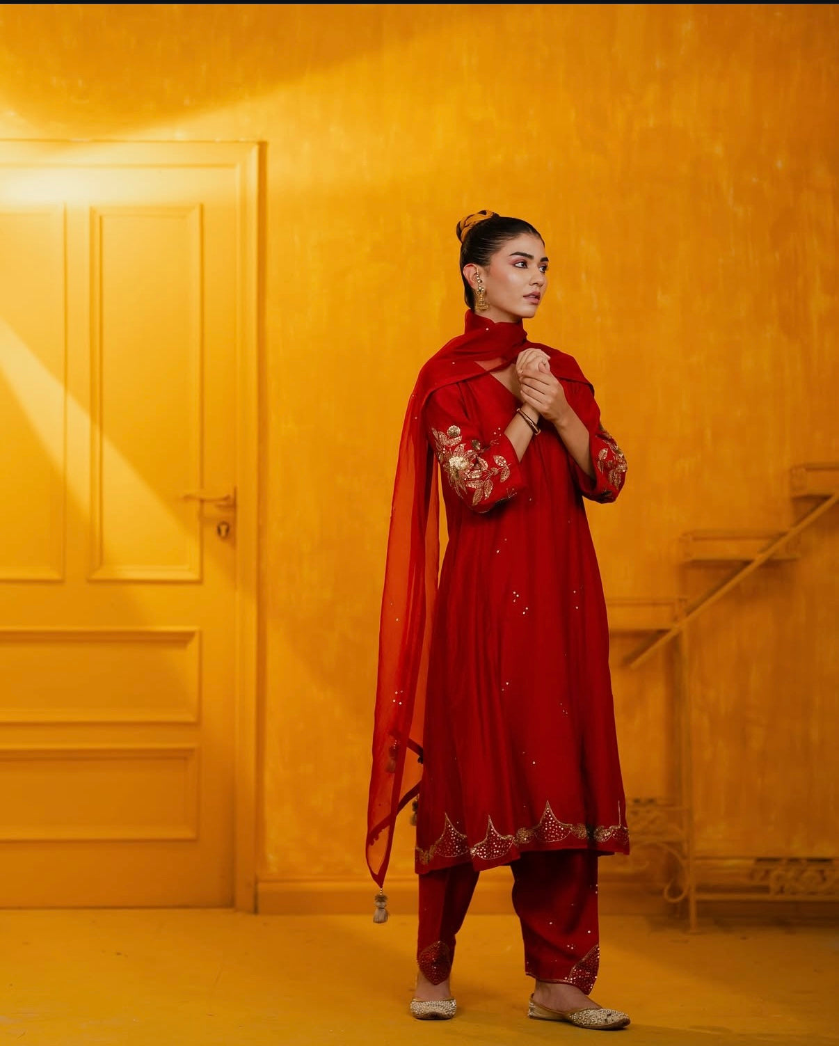 Red Mul Silk Hand Embroidered Straight Suit Set