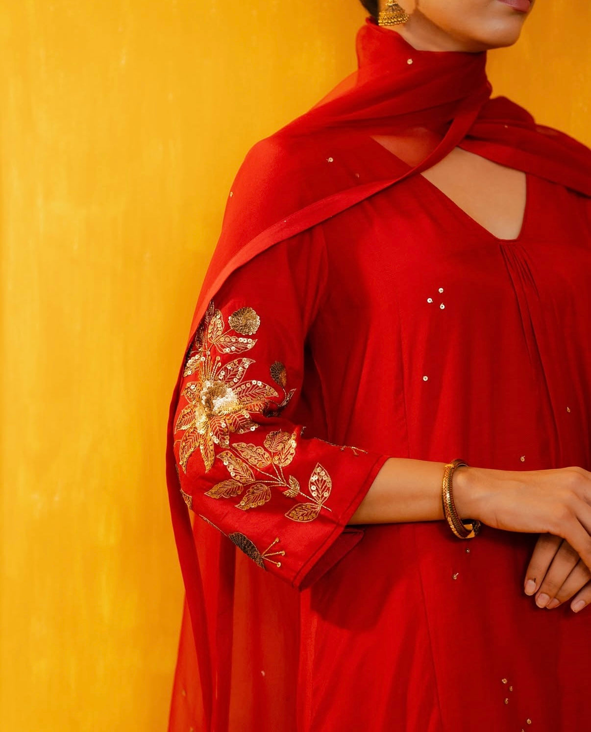 Red Mul Silk Hand Embroidered Straight Suit Set