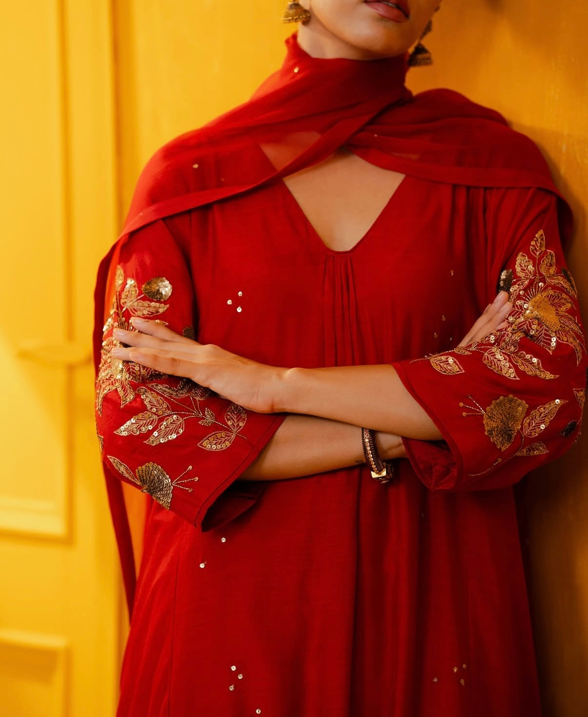 Red Mul Silk Hand Embroidered Straight Suit Set