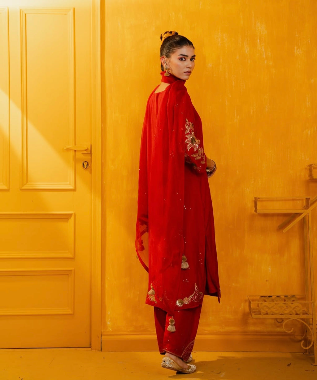 Red Mul Silk Hand Embroidered Straight Suit Set