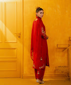 Red Mul Silk Hand Embroidered Straight Suit Set