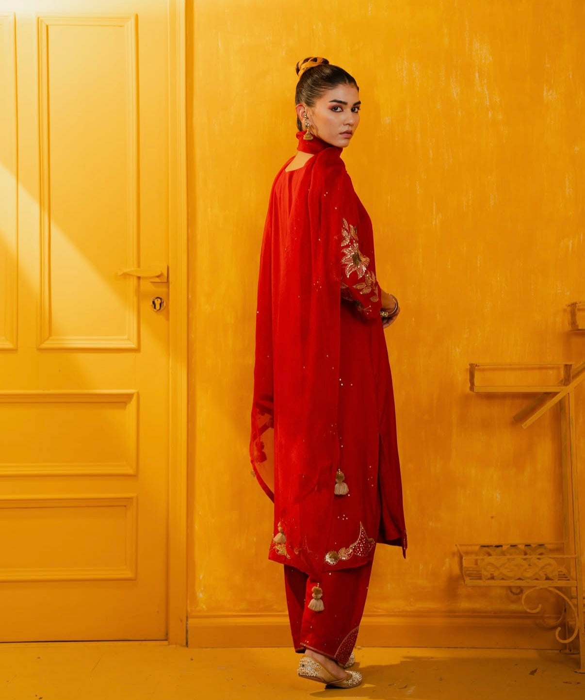 Red Mul Silk Hand Embroidered Straight Suit Set