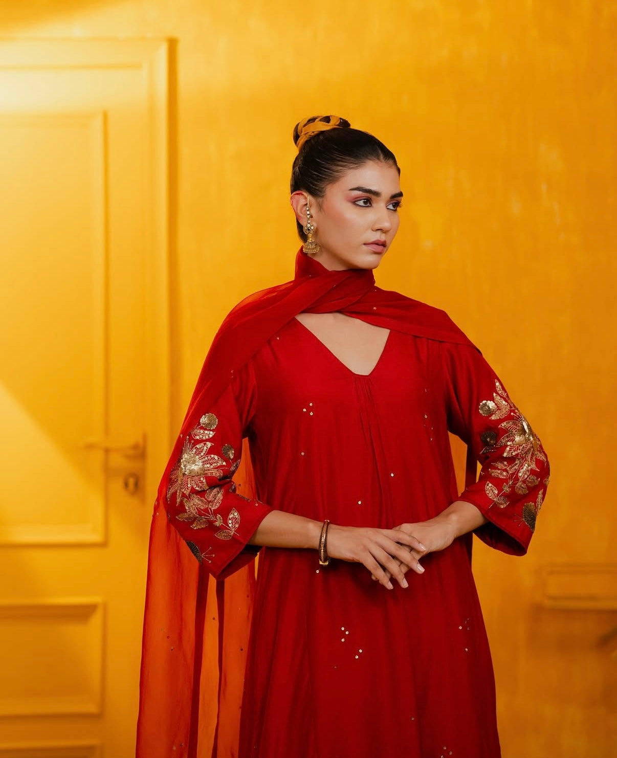 Red Mul Silk Hand Embroidered Straight Suit Set
