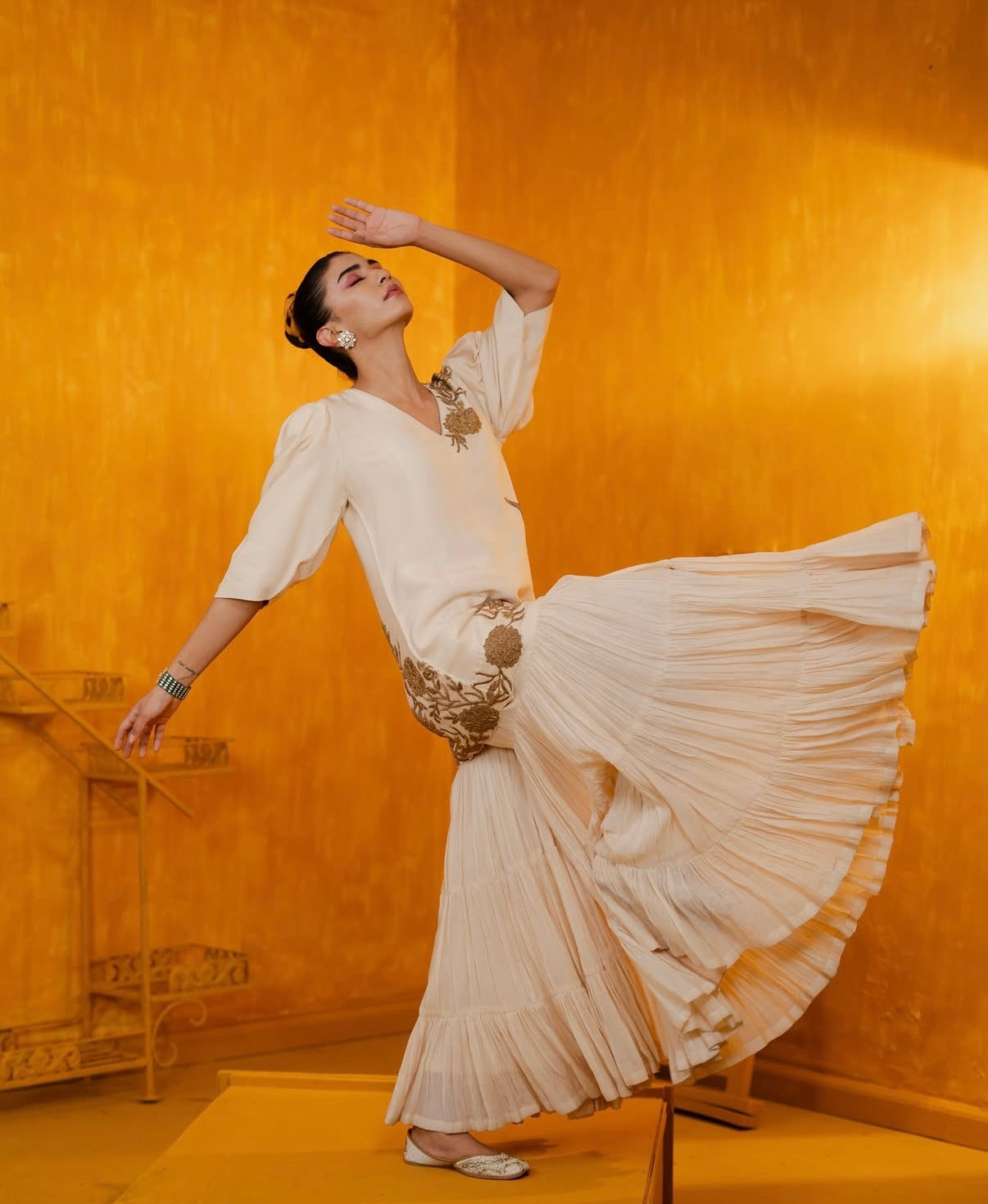 Ivory Mul Silk Hand Embroidered Short Kurti with Sharara Set