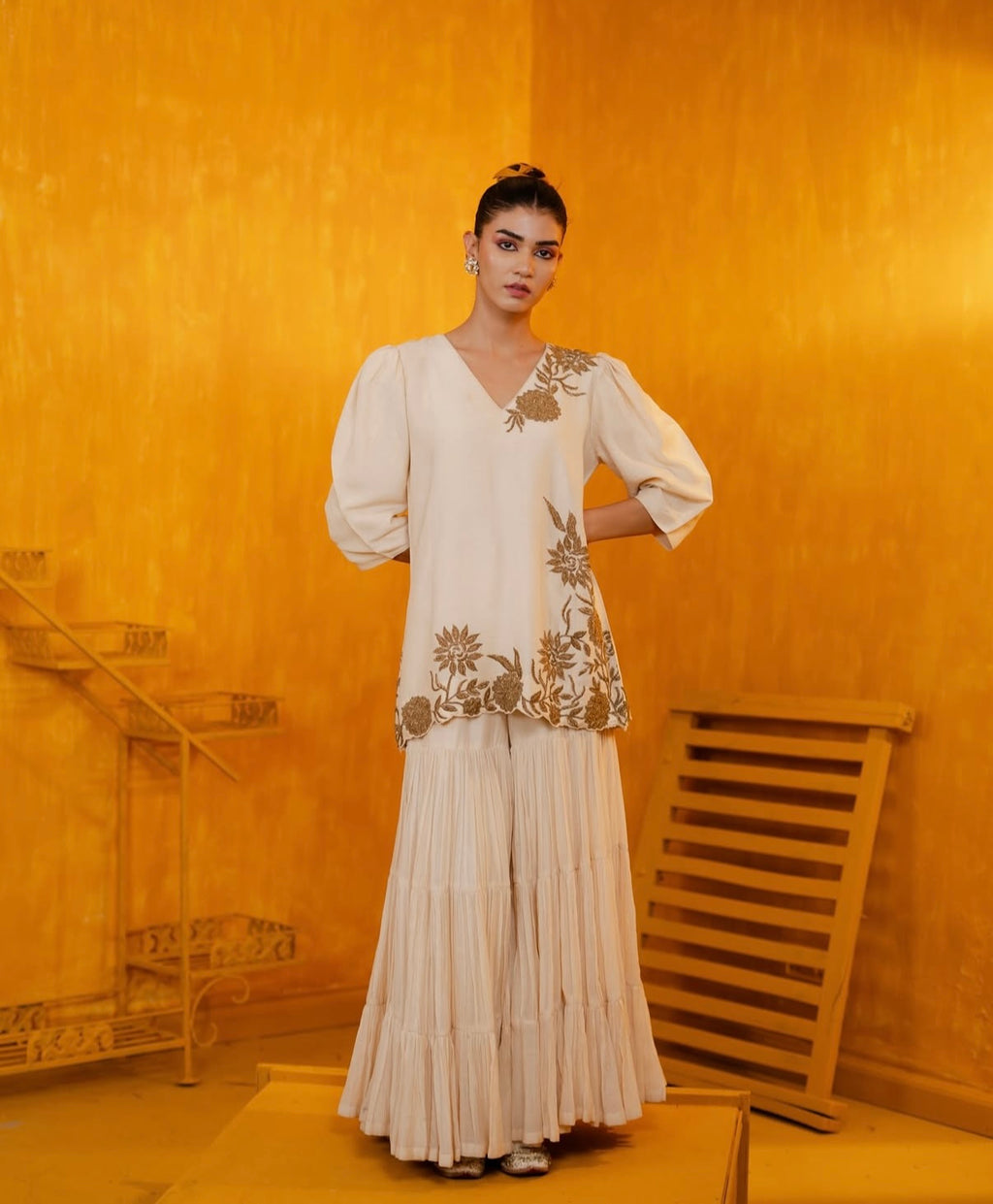 Ivory Mul Silk Hand Embroidered Short Kurti with Sharara Set