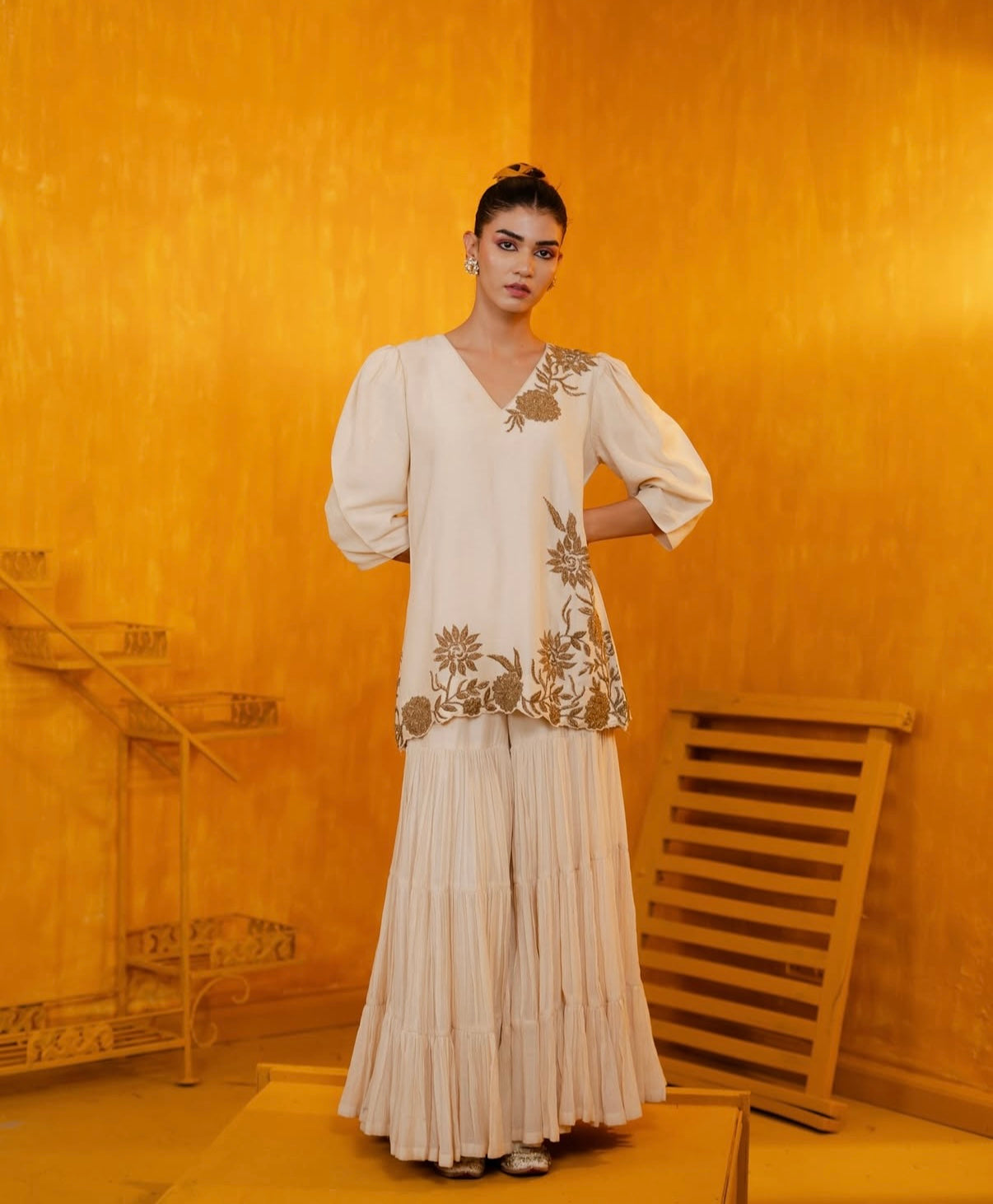 Ivory Mul Silk Hand Embroidered Short Kurti with Sharara Set