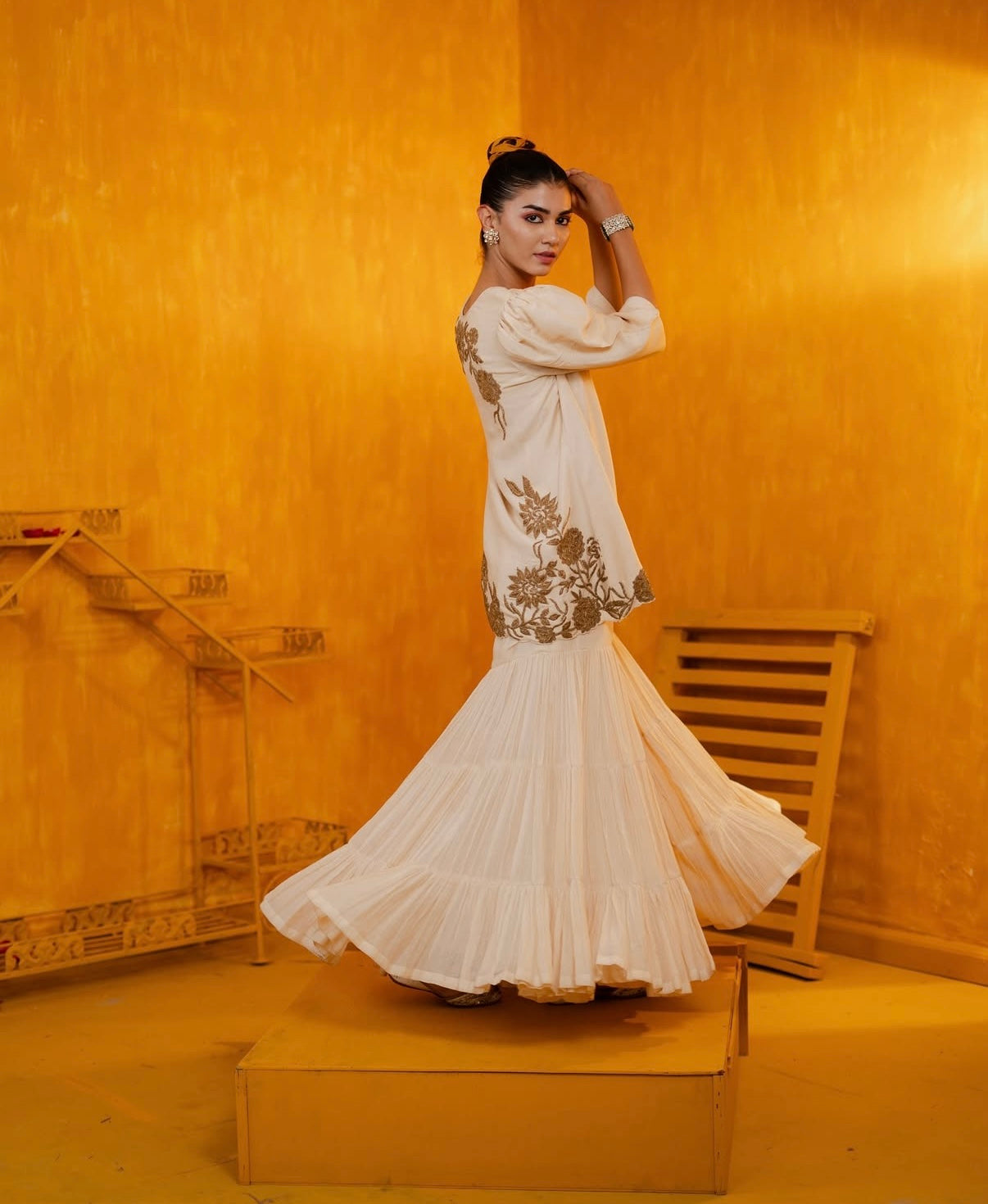 Ivory Mul Silk Hand Embroidered Short Kurti with Sharara Set