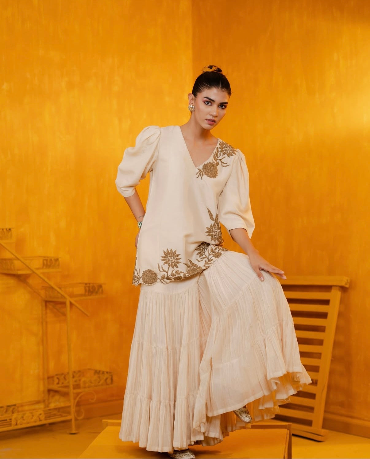 Ivory Mul Silk Hand Embroidered Short Kurti with Sharara Set