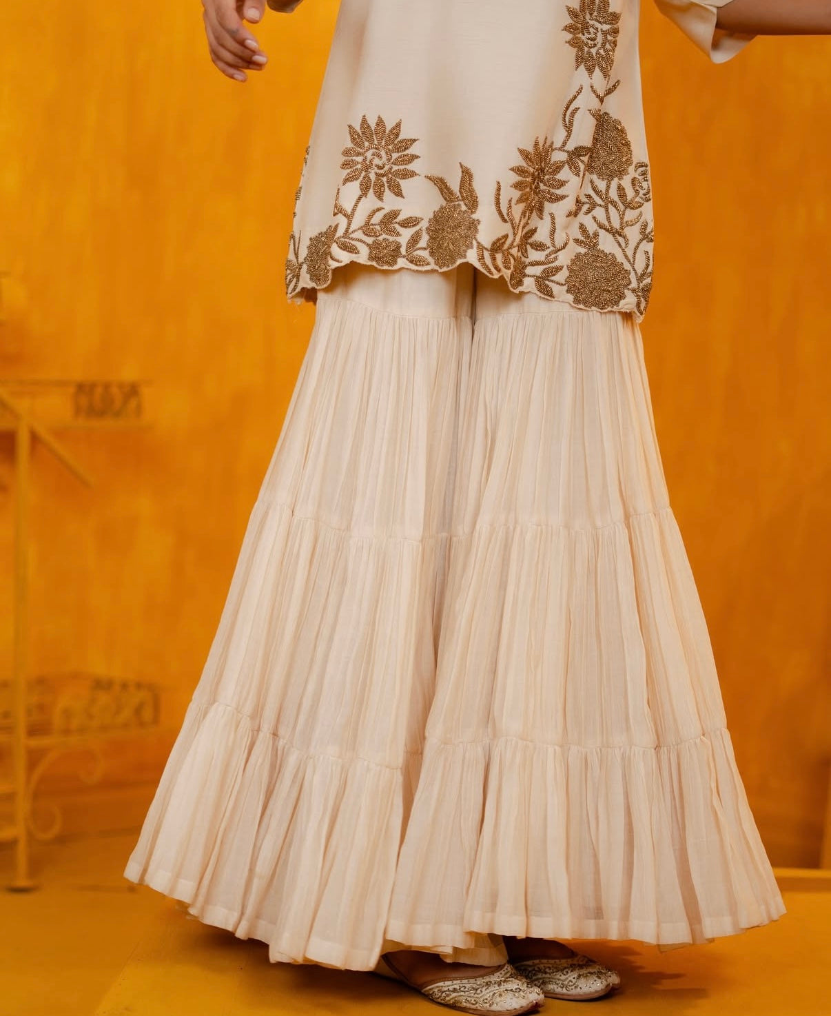 Ivory Mul Silk Hand Embroidered Short Kurti with Sharara Set