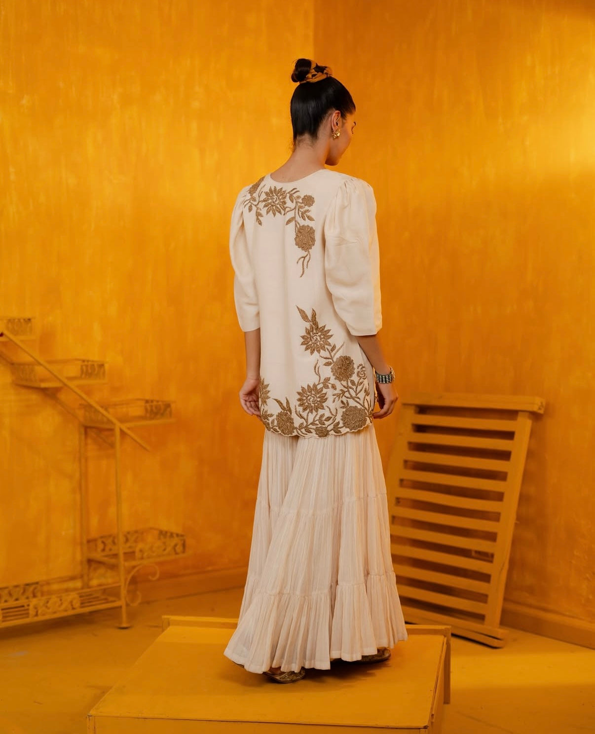 Ivory Mul Silk Hand Embroidered Short Kurti with Sharara Set