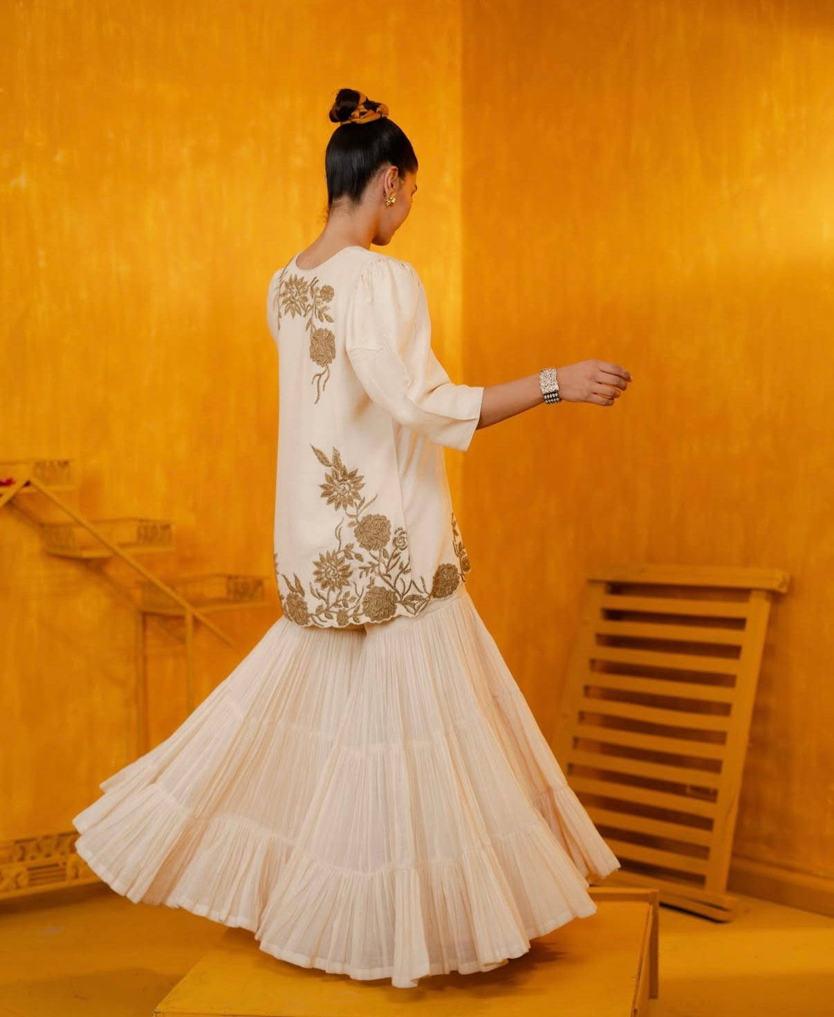 Ivory Mul Silk Hand Embroidered Short Kurti with Sharara Set