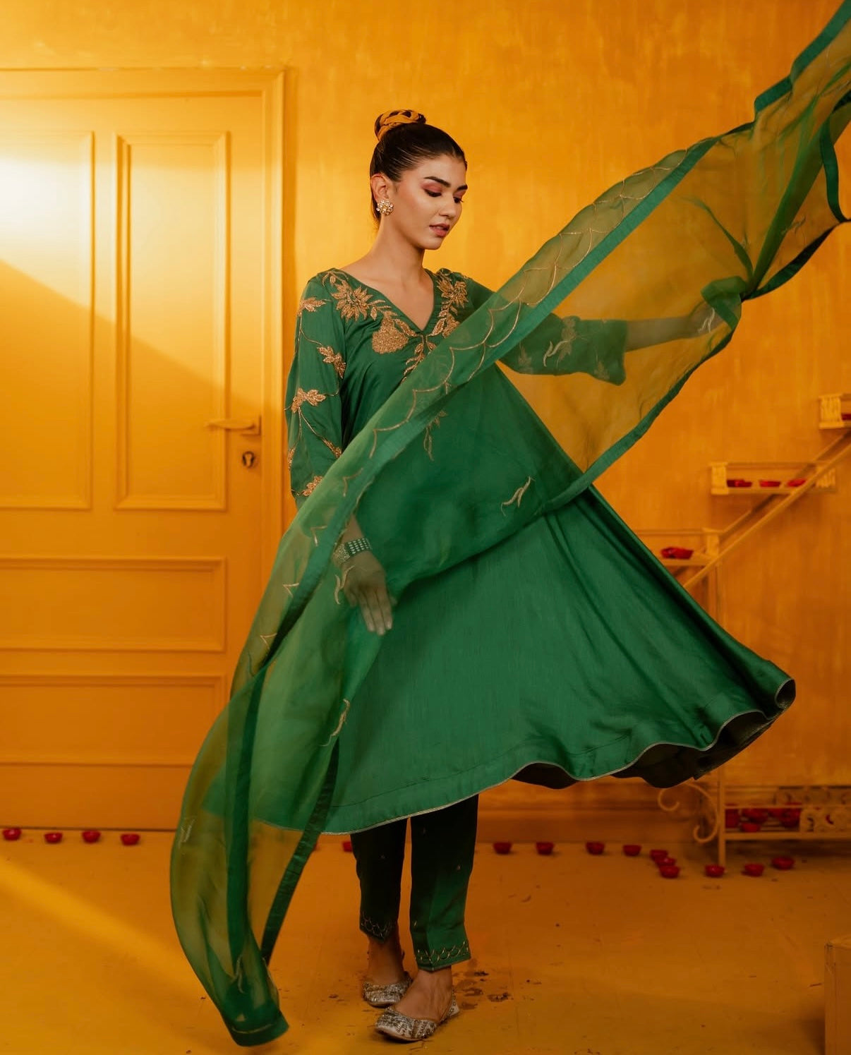 Green Mul Silk Antique Hand Embroidered Anarkali Suit Set