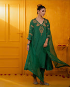 Green Mul Silk Antique Hand Embroidered Anarkali Suit Set