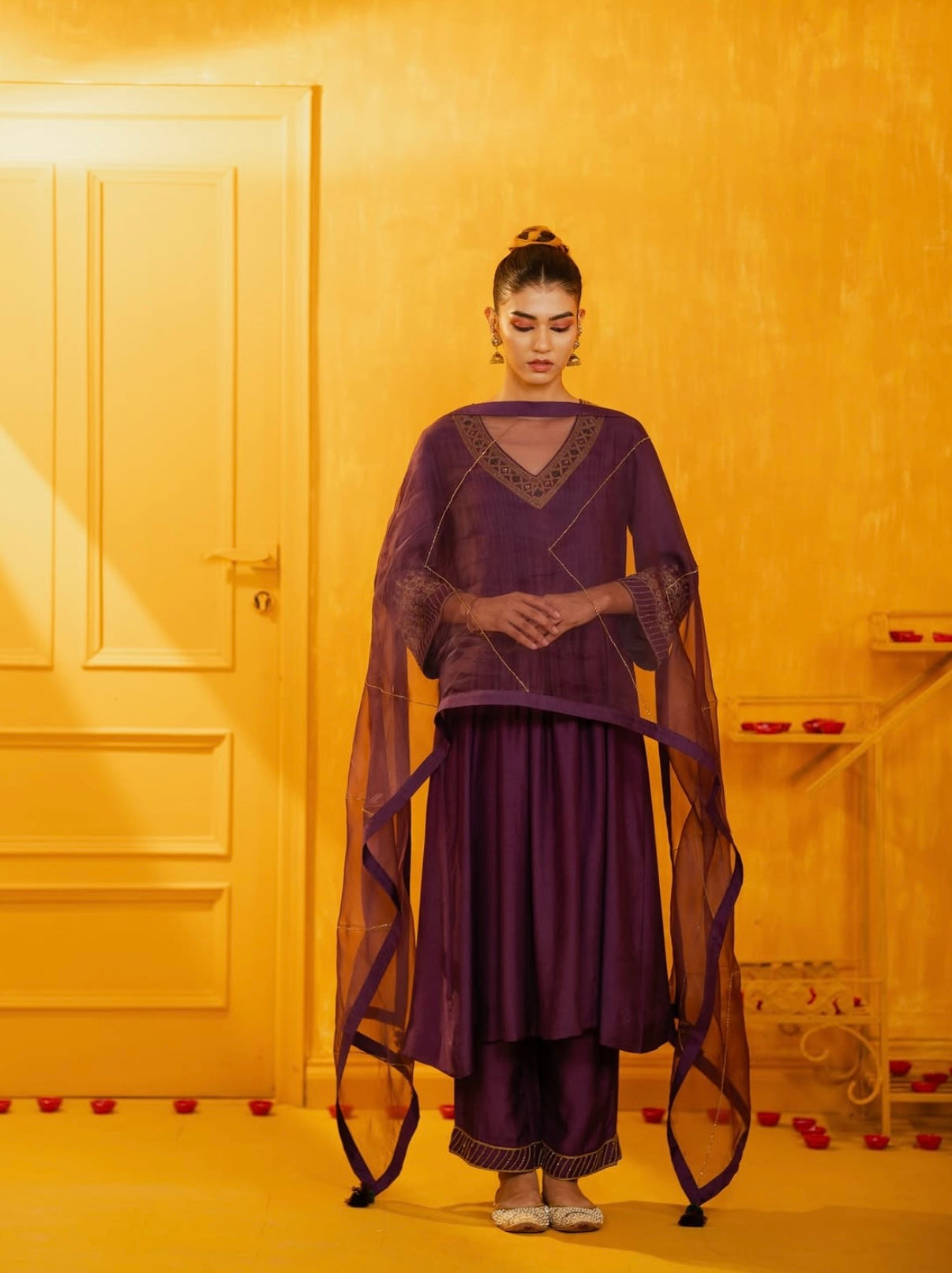 Deep Purple Mul Silk Hand Embroidered Anarkali Suit Set