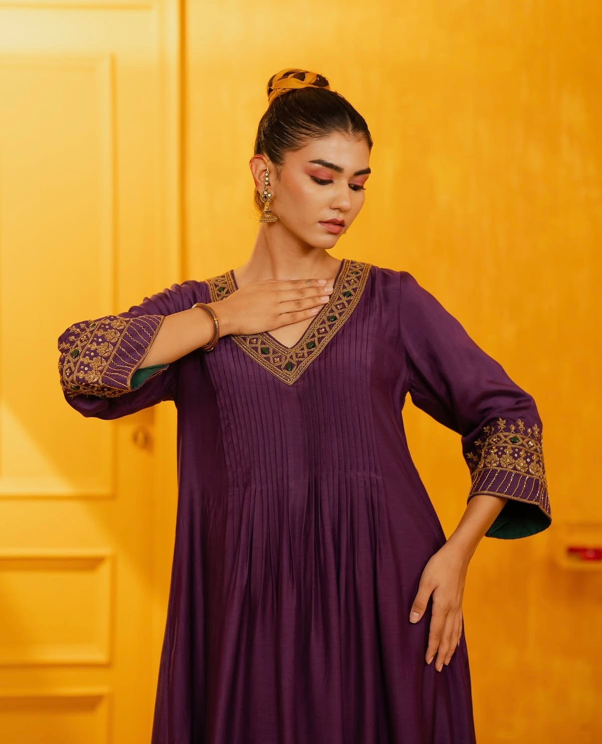 Deep Purple Mul Silk Hand Embroidered Anarkali Suit Set