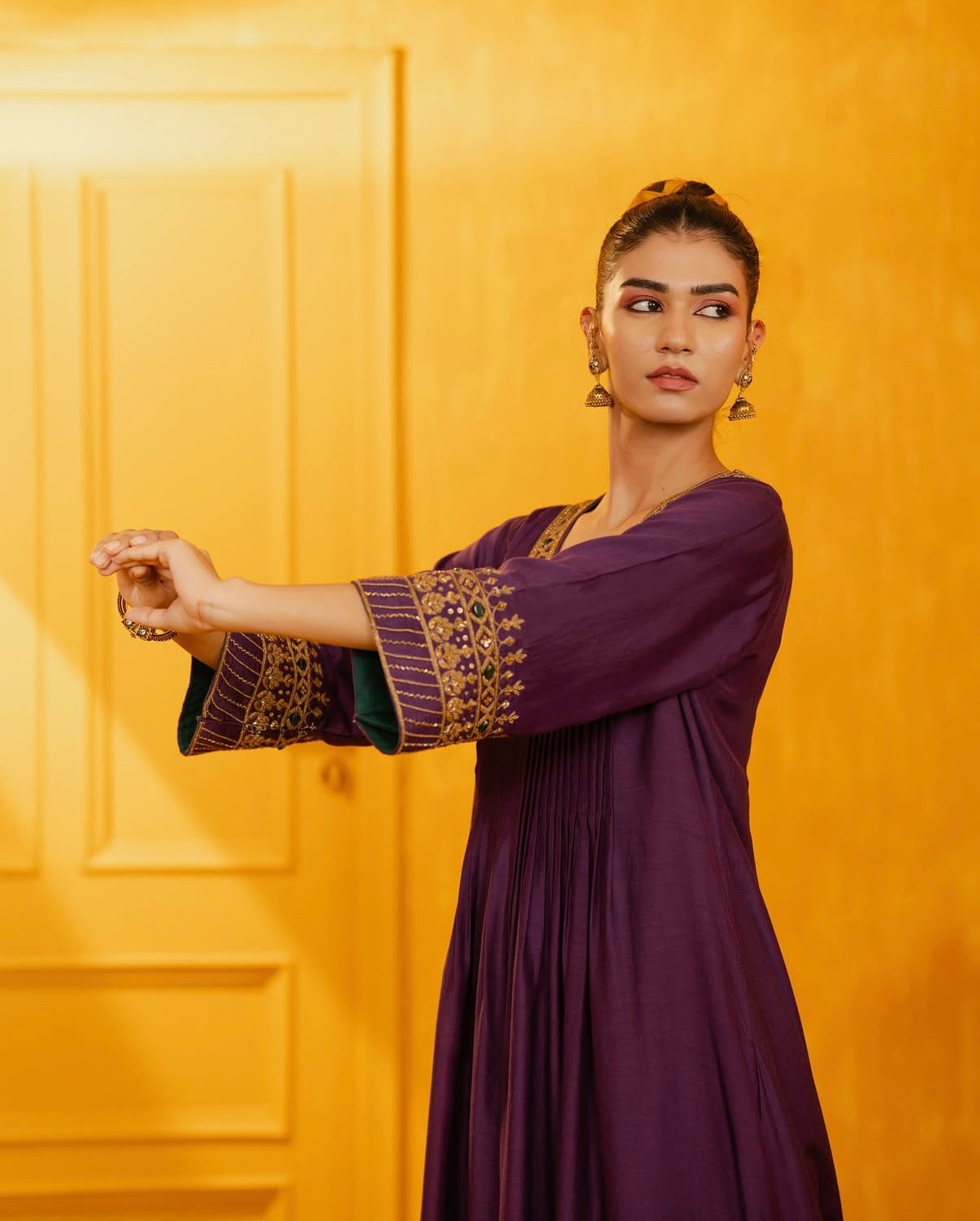 Deep Purple Mul Silk Hand Embroidered Anarkali Suit Set