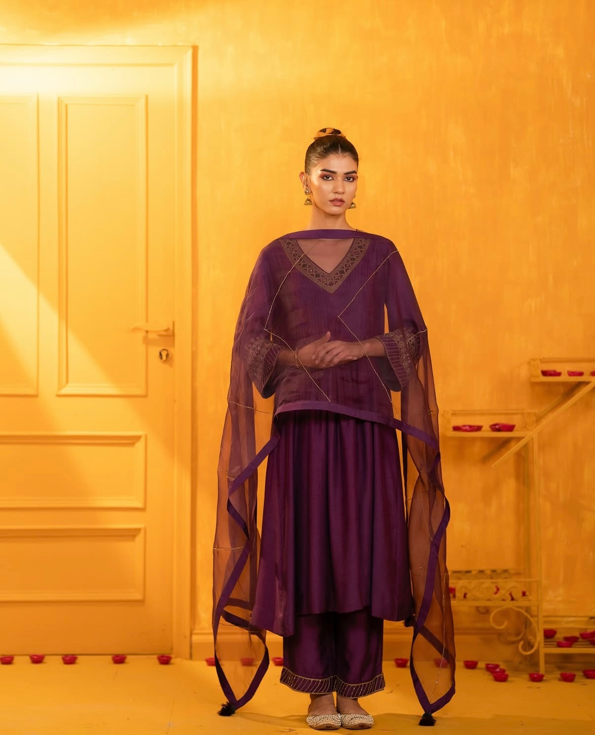 Deep Purple Mul Silk Hand Embroidered Anarkali Suit Set