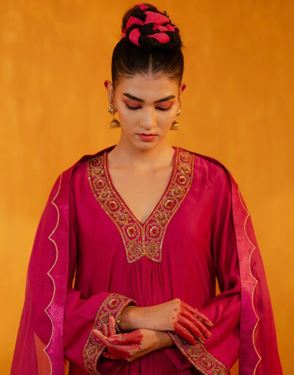 Bright Pink Hand Embroidered Kalidaar Suit Set