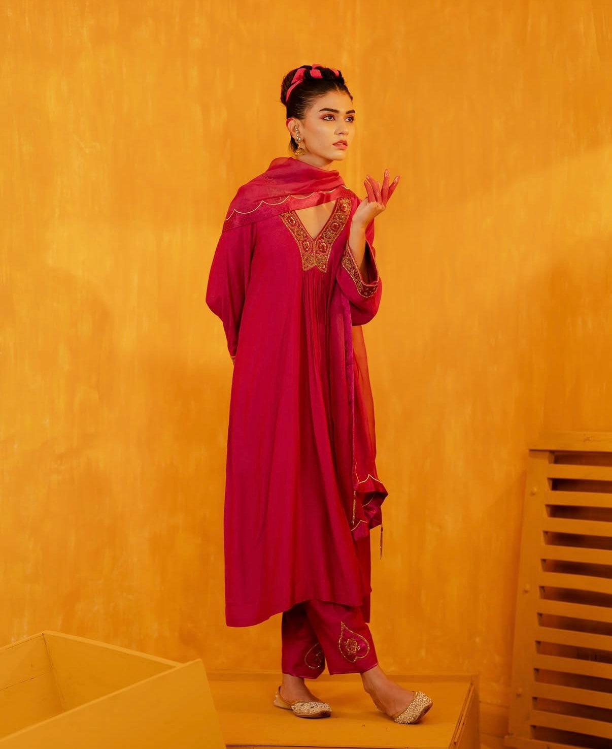 Bright Pink Hand Embroidered Kalidaar Suit Set