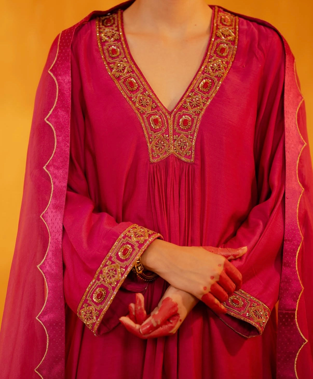 Bright Pink Hand Embroidered Kalidaar Suit Set
