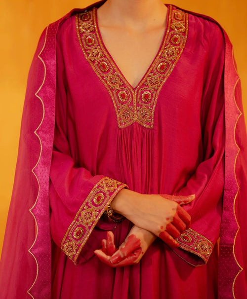 Bright Pink Hand Embroidered Kalidaar Suit Set