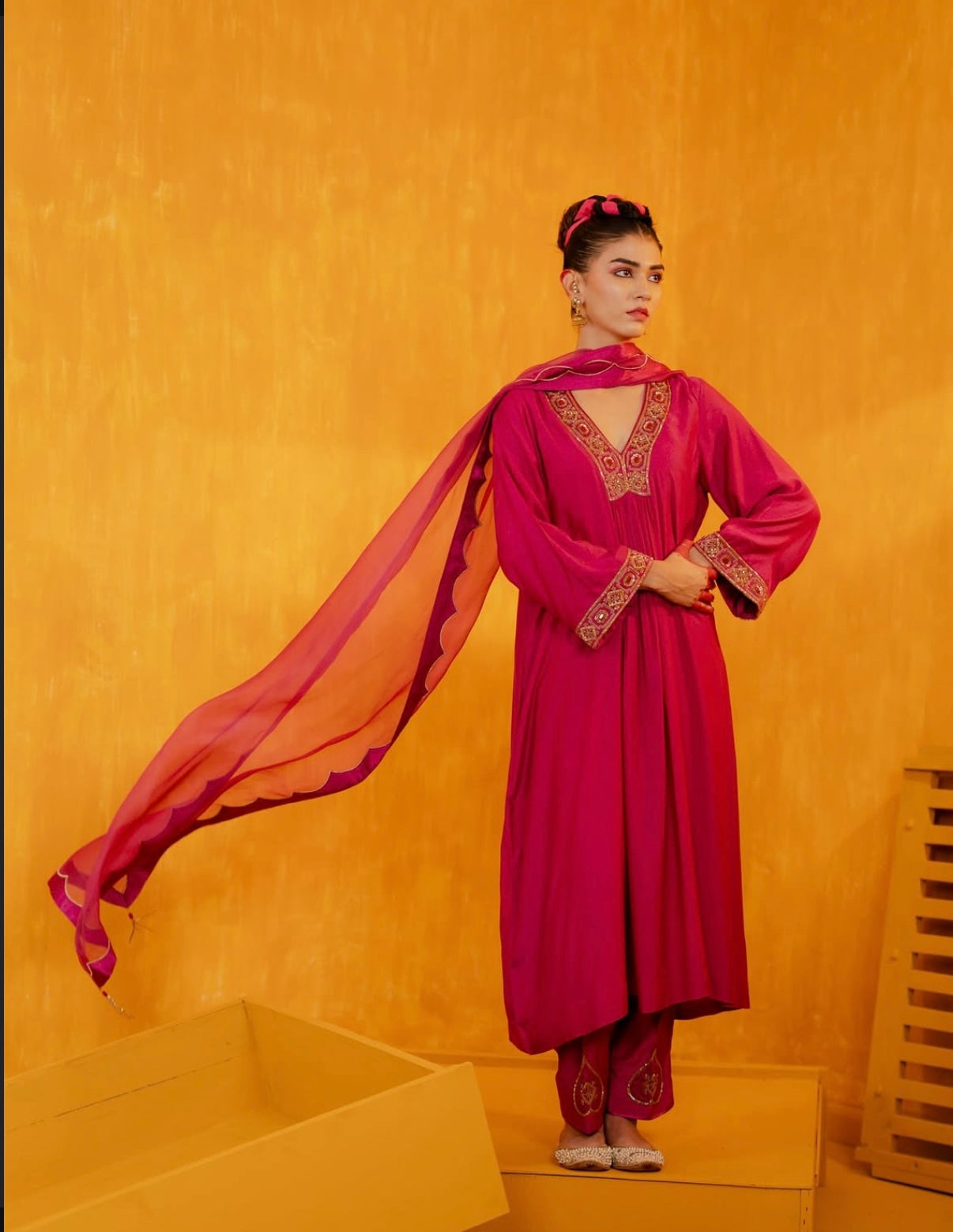 Bright Pink Hand Embroidered Kalidaar Suit Set