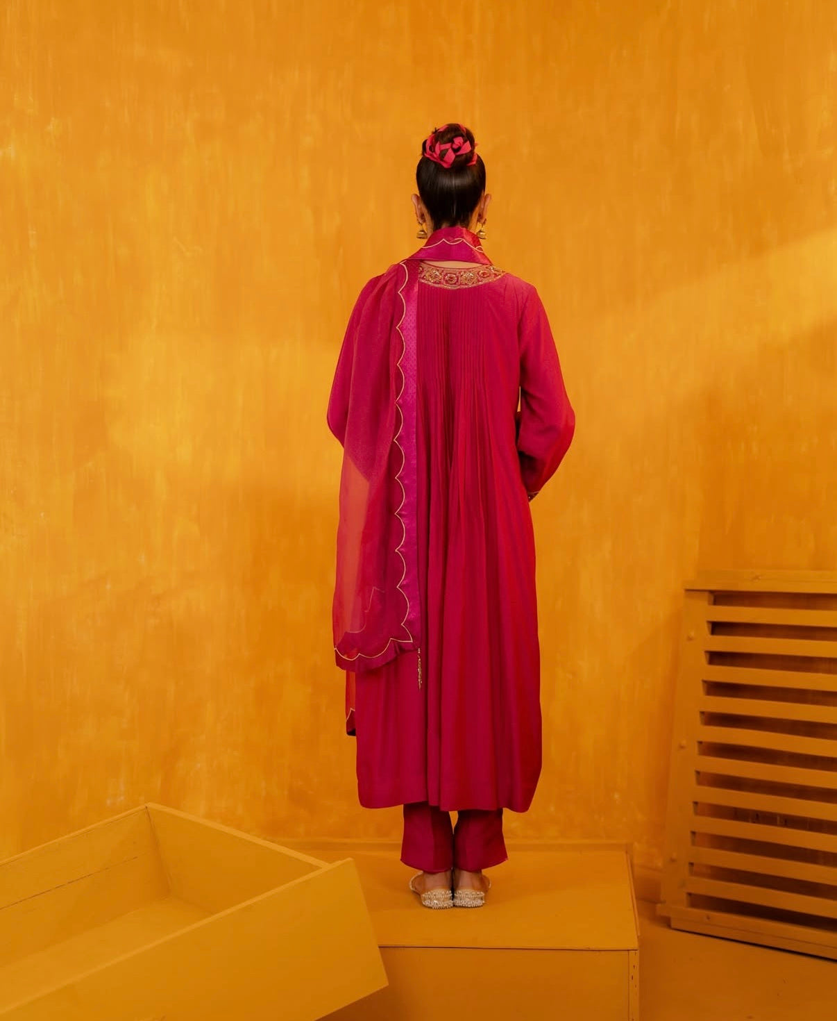 Bright Pink Hand Embroidered Kalidaar Suit Set