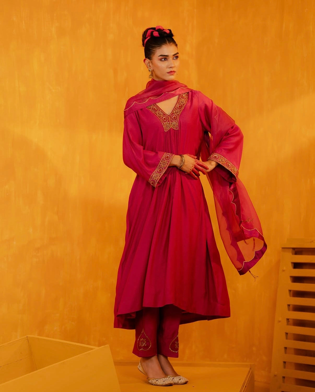 Bright Pink Hand Embroidered Kalidaar Suit Set