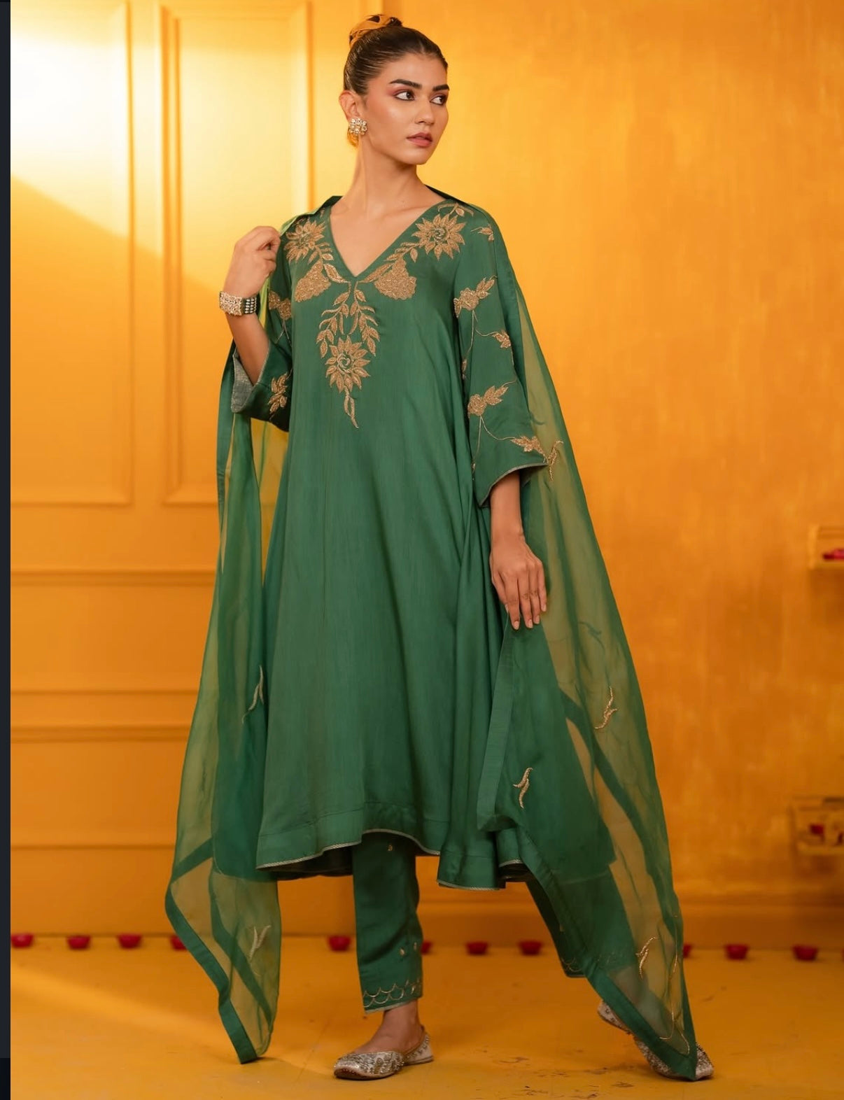 Green Mul Silk Antique Hand Embroidered Anarkali Suit Set