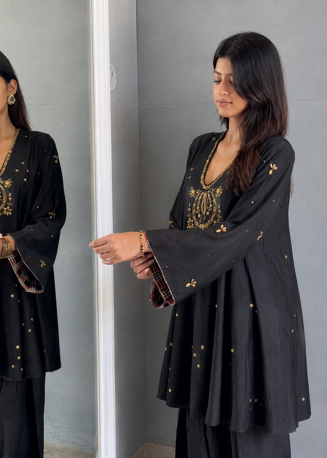 short anarkali paired with a farshi salwar and a dupatta