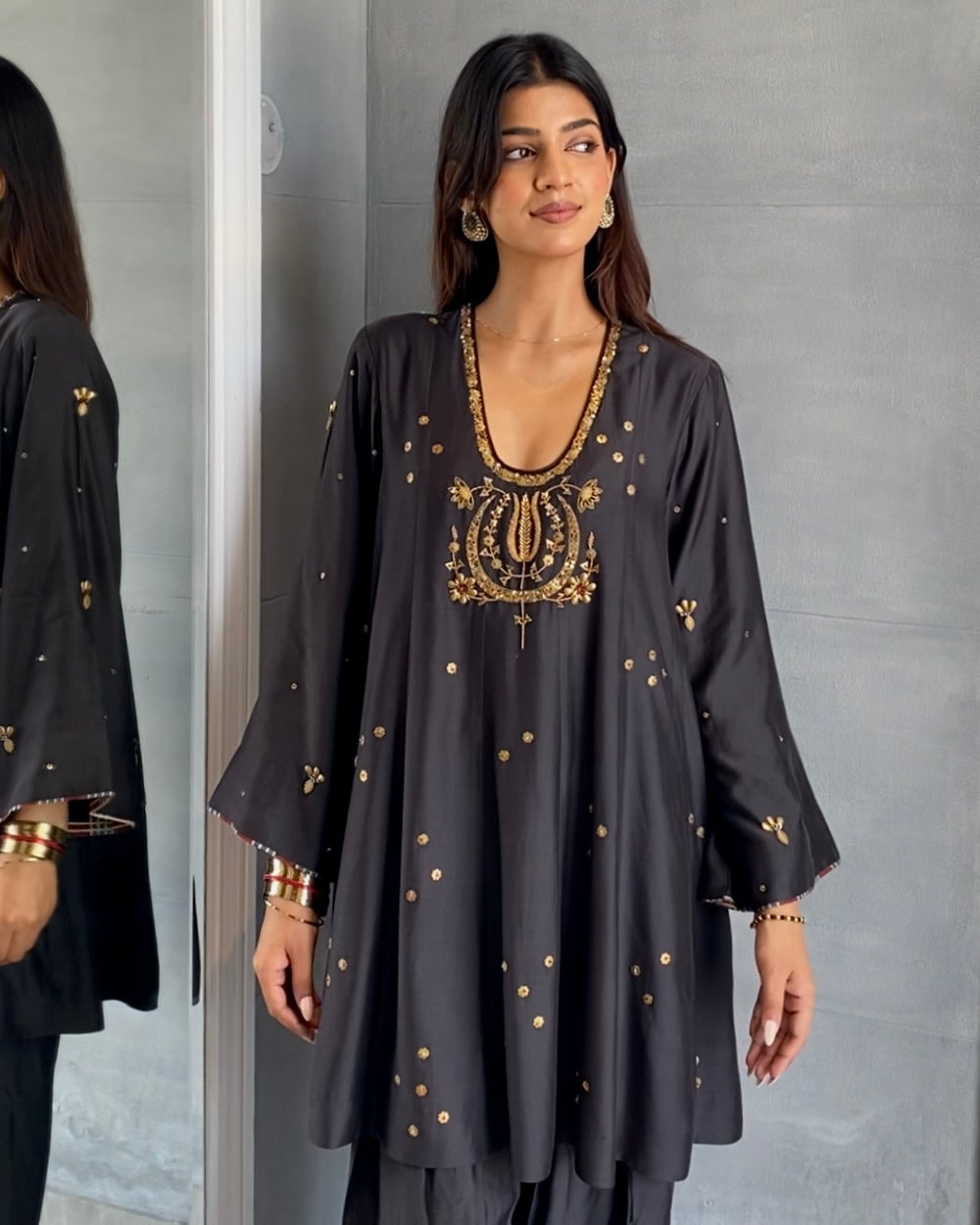 short anarkali paired with a farshi salwar and a dupatta
