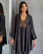 short anarkali paired with a farshi salwar and a dupatta