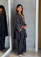 short anarkali paired with a farshi salwar and a dupatta