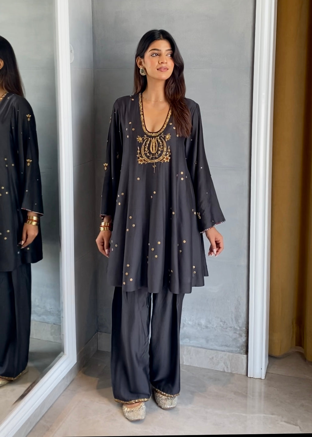 short anarkali paired with a farshi salwar and a dupatta