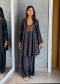 short anarkali paired with a farshi salwar and a dupatta